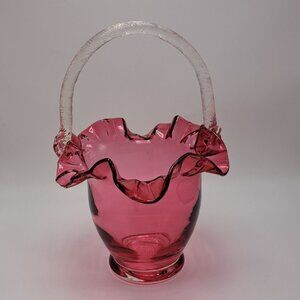 Fenton Ruffled Glass Cranberry Pink Basket Clear Applied Handle Vintage